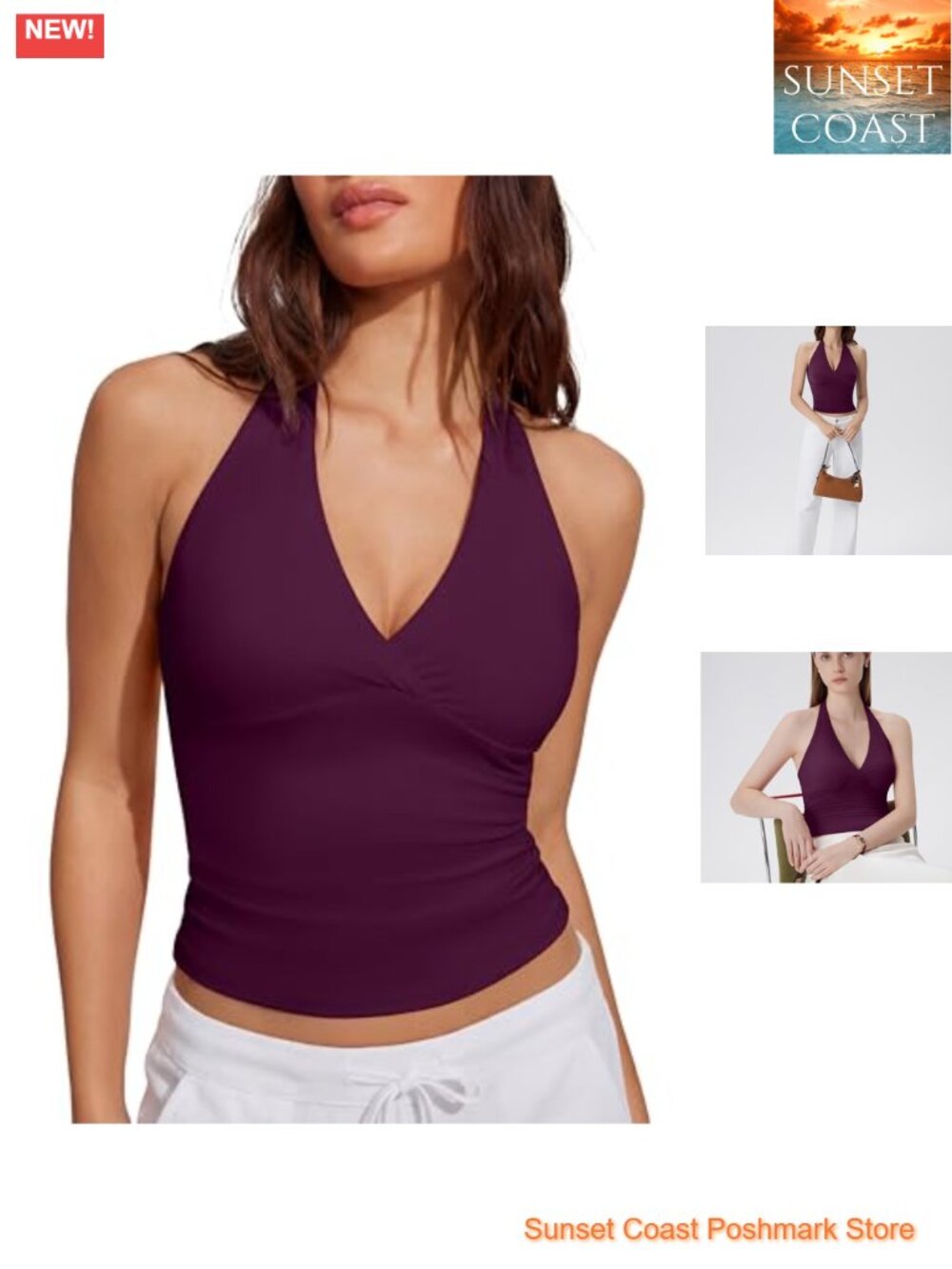 Halter Backless Tank Top with Built in Bra Double Lined V Neck Y2k Going Out Top